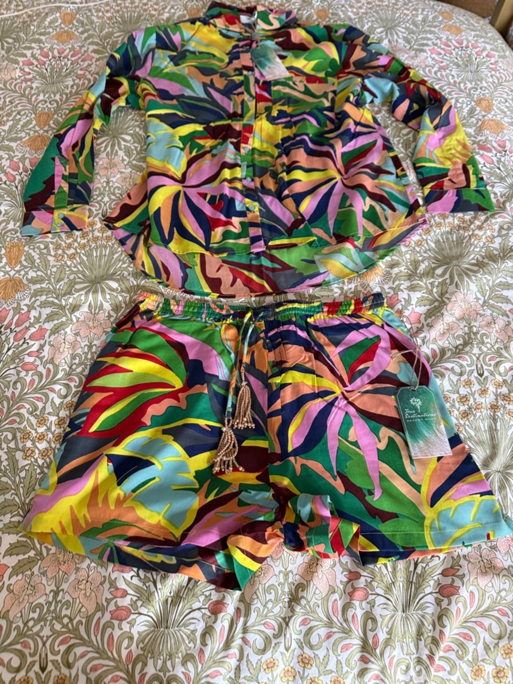 Vibrant Tropical Print Drawstring Short Set -Multicolor